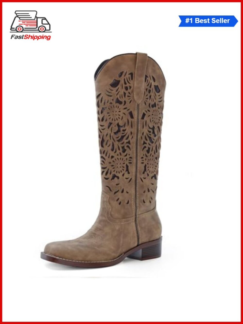 ✨ Womens Cowboy Boots Cut Out Floral Embroidered Knee-High Square Toe Low Heel